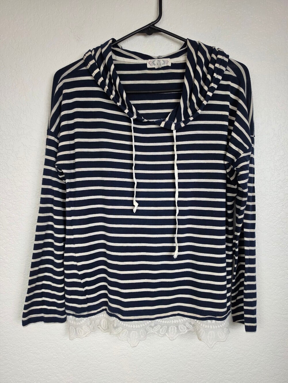 Pink Rose Navy and White Striped Hoodie Large